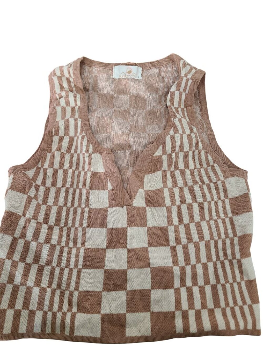 Sleeveless Knit Checkered Brown & Cream V-Neck Sweater Tank Top Sunland17 Size S